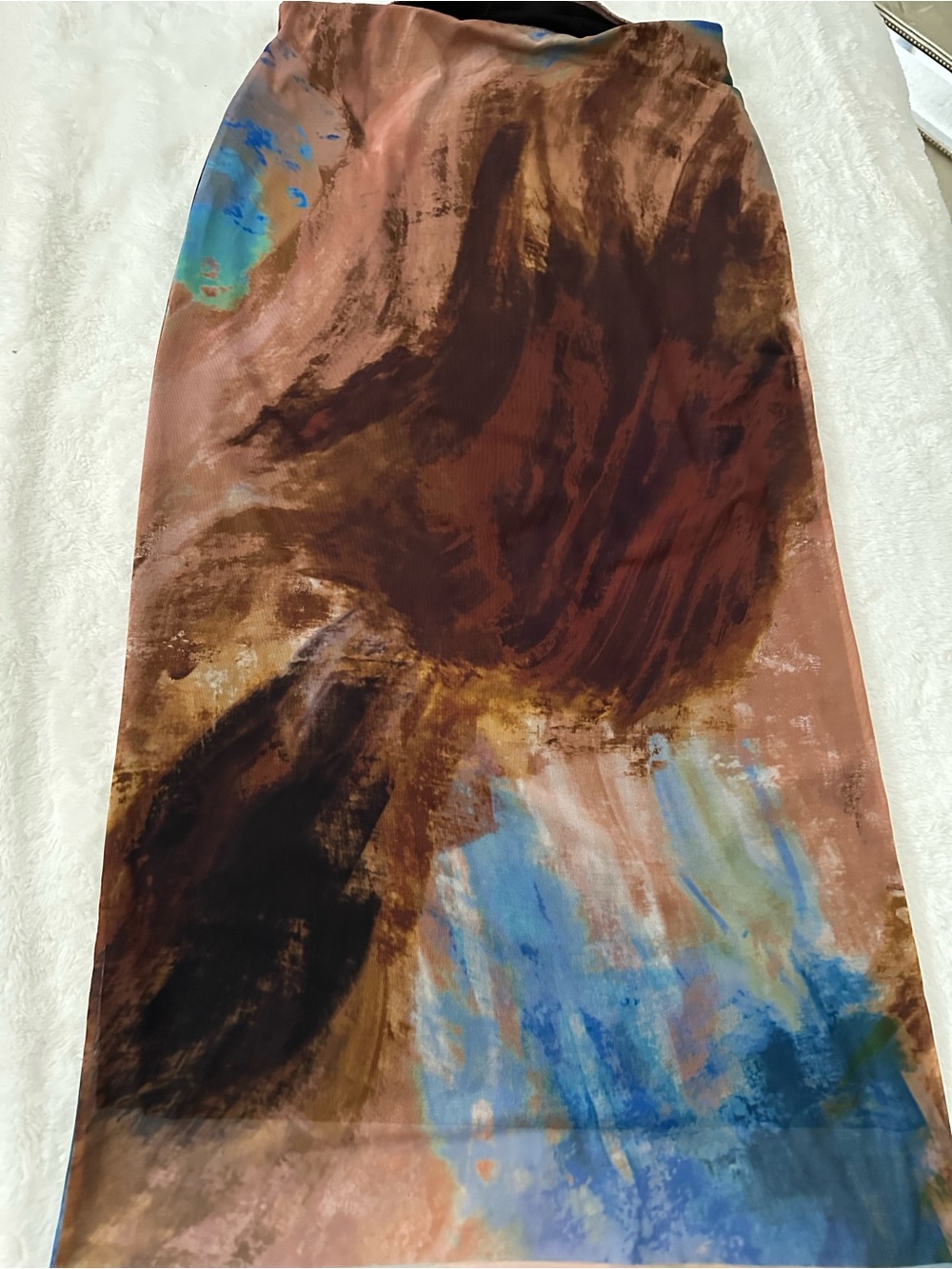 Zara Painterly Midi Skirt in Brown and Blue Accent size L meshed mesh
